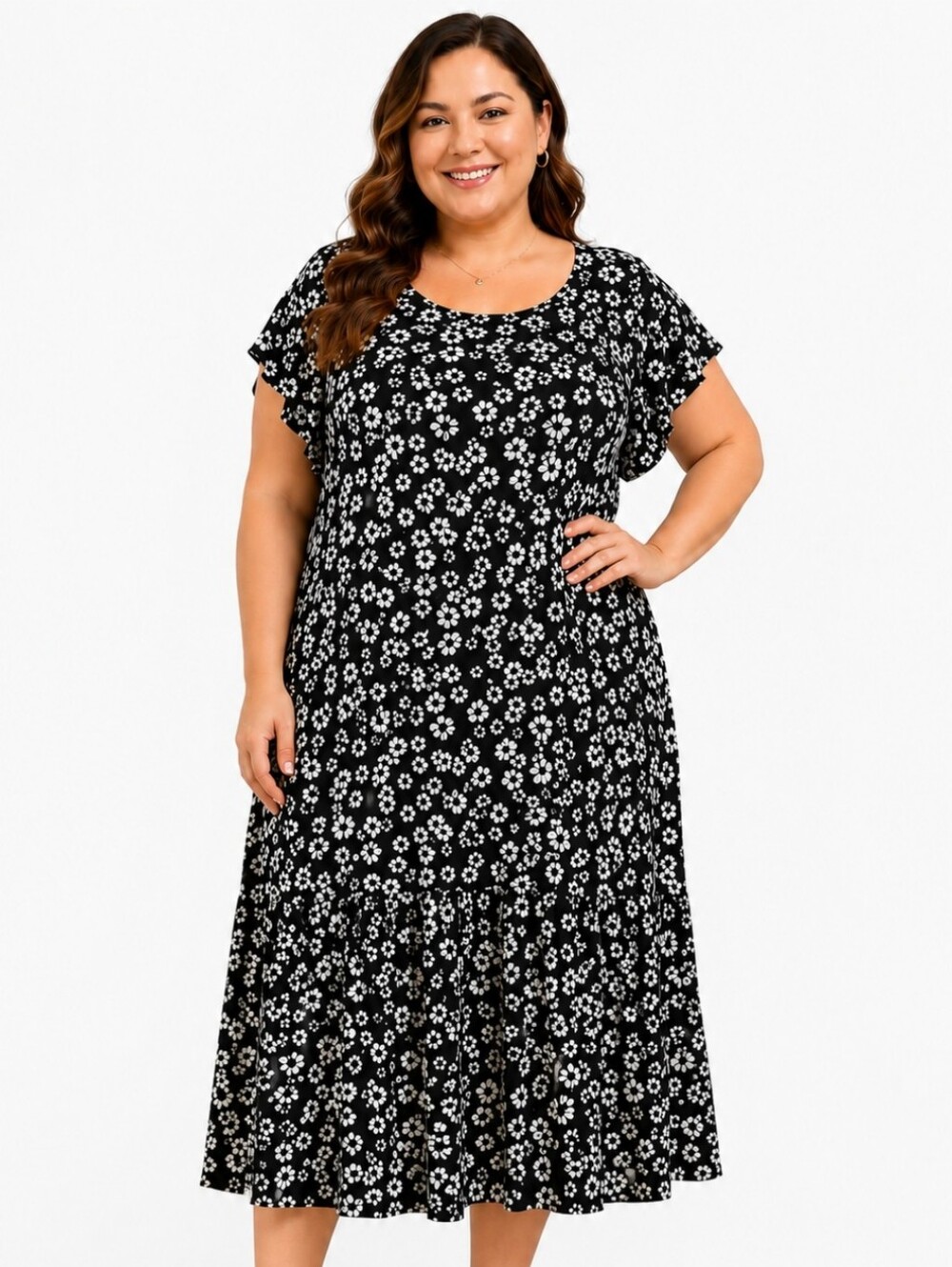 White House Black Market Black Floral Multi Tiered Midi Dress Plus Sz 2X